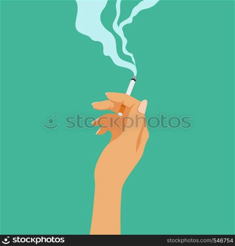 Smoking addiction concept, cigarette in hand, bad habit, drugs and tobacco, vector illustration. Smoking addiction concept, cigarette in hand, bad habit