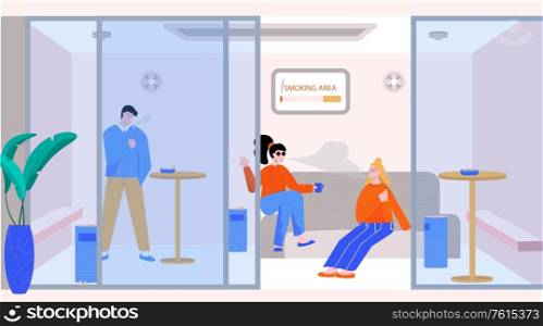 Smoking area flat composition with indoor view of enclosed area for smoking with people and furniture vector illustration