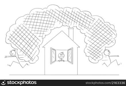 Smoking chimney, smoke coming from family house, air pollution concept, vector cartoon stick figure or character illustration.. Smoke Coming From Family House Chimney, Vector Cartoon Stick Figure Illustration