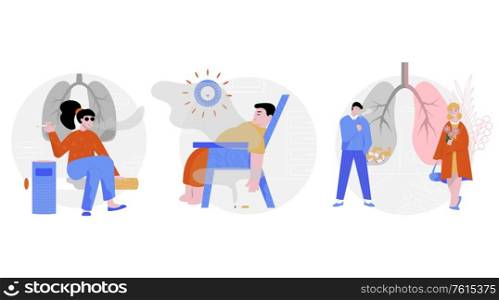 Smoking cigarette set of three isolated round compositions with flat characters of smokers in various situations vector illustration