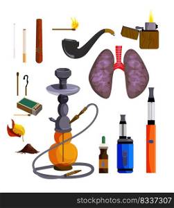 Smoking devices icons set. Vector icons collection on white background, Hookah, lungs, cigar, cigarette. Smoking concept. Illustration can be used for topics like tobacco shop, unhealthy lifestyle. Smoking devices icons set