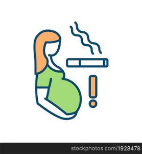 Smoking during pregnancy RGB color icon. Delivering newborn with birth defects risk. Premature birth danger. Harming unborn baby threat. Isolated vector illustration. Simple filled line drawing. Smoking during pregnancy RGB color icon