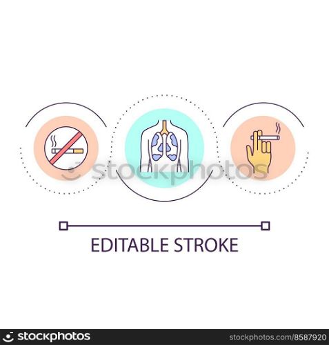 Smoking effect on lungs loop concept icon. Risk of cancer development. Harmful habit abstract idea thin line illustration. Isolated outline drawing. Editable stroke. Arial font used. Smoking effect on lungs loop concept icon