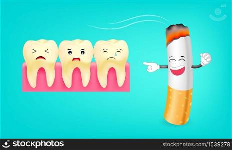 Smoking effect on tooth. Problem from cigarette. illustration of sad tooth. Dental care concept.