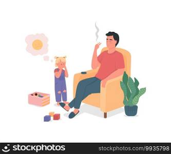 Smoking father with sad child flat color vector detailed characters. Bad habits, drug addiction. Kid neglect. Unhealthy lifestyle isolated cartoon illustration for web graphic design and animation. Smoking father with sad child flat color vector detailed characters