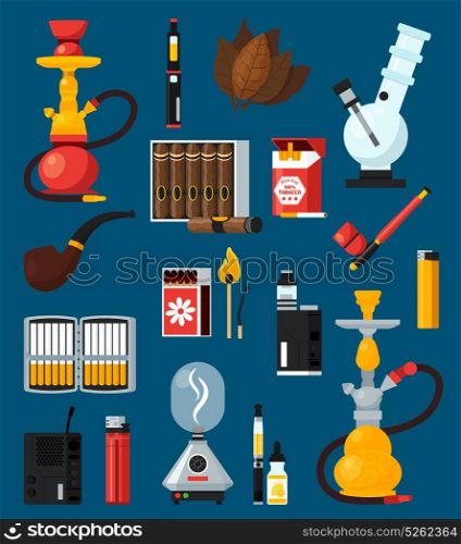 Smoking Flat Colored Icons Set. Smoking flat colored icons set with cigarettes cigar matches lighters bong hookah pipe tobacco leaves flat vector illustration