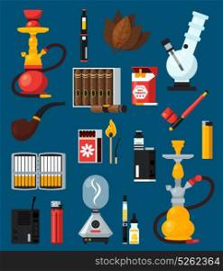 Smoking Flat Colored Icons Set. Smoking flat colored icons set with cigarettes cigar matches lighters bong hookah pipe tobacco leaves flat vector illustration
