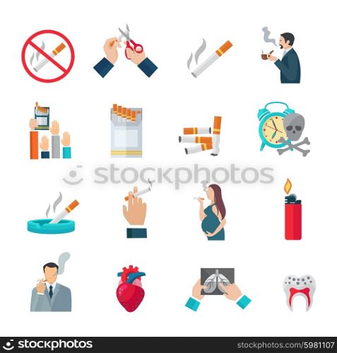 Smoking flat icons set with cigarette danger and hazards symbols isolated vector illustration. Smoking Flat Icons Set