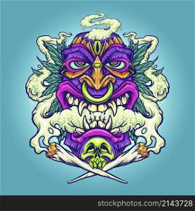Smoking Hawaian Tiki Weed Leaf Vector illustrations for your work Logo, mascot merchandise t-shirt, stickers and Label designs, poster, greeting cards advertising business company or brands.