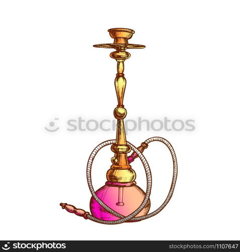 Smoking Hookah Lounge Cafe Instrument Retro Vector. Arabia Oriental Relaxation Smoking Aroma Flavored Tobacco Or Cannabis Equipment Hookah. Color Hand Drawn In Vintage Style Illustration. Smoking Hookah Lounge Cafe Instrument Retro Vector