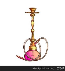 Smoking Hookah Lounge Cafe Instrument Retro Vector. Arabia Oriental Relaxation Smoking Aroma Flavored Tobacco Or Cannabis Equipment Hookah. Color Hand Drawn In Vintage Style Illustration. Smoking Hookah Lounge Cafe Instrument Retro Vector