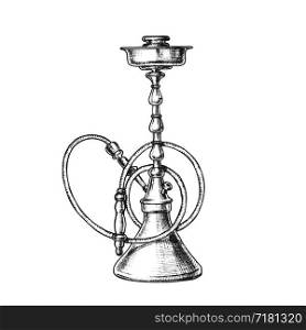 Smoking Hookah Lounge Cafe Tool Vintage Vector. Silicone Rubber Compounds Used For Hookah Hoses Instead Of Leather And Wire. Relaxation Accessory Monochrome Designed In Retro Style Illustration. Smoking Hookah Lounge Cafe Tool Vintage Vector