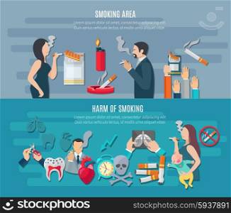 Smoking horizontal banner set with addiction hazard elements isolated vector illustration. Smoking Banner Set