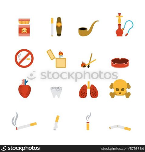Smoking icon flat set with lighter tobacco pipe cigarette isolated vector illustration