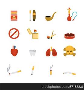 Smoking icon flat set with lighter tobacco pipe cigarette isolated vector illustration