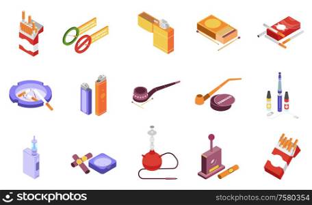 Smoking icons set with cigarette cigar hookah pipe lighter ash tray isolated on white background 3d isometric vector illustration