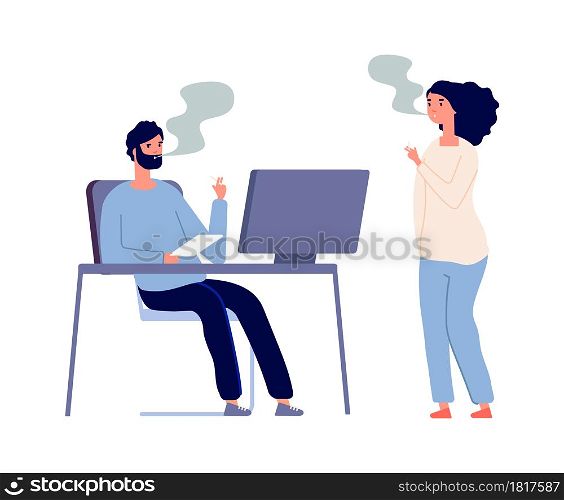 Smoking office workers. Woman man smokers, people with cigarettes. Flat style managers talking, bad habits nicotine addiction vector illustration. Businessman with tobacco, illustration young smoker. Smoking office workers. Woman man smokers, people with cigarettes. Flat style managers talking, bad habits or nicotine addiction vector illustration