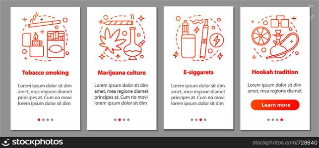 Smoking onboarding mobile app page screen with linear concepts. Marijuana culture, smoking, e-cigarettes, hookah tradition steps graphic instructions. UX, UI, GUI vector template with illustrations. Smoking onboarding mobile app page screen with linear concepts