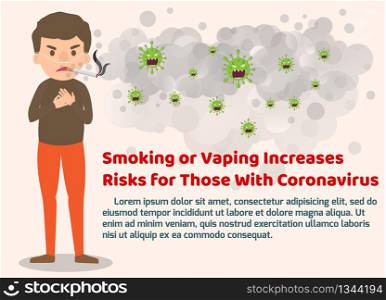 Smoking or Vaping May Increase the Risk of a Severe Coronavirus Infection. COVID-19 virus symbol. Coronavirus spreading by smoke. Streptococcus pneumoniae. Health concept vector illustration.