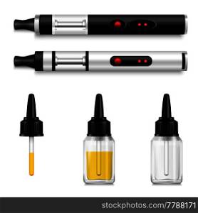 Smoking realistic set of vaping liquid and electronic cigarettes with full and empty vape bottles with dropper vector illustration. Vaping Liquid And Electronic Cigarette Realistic Set