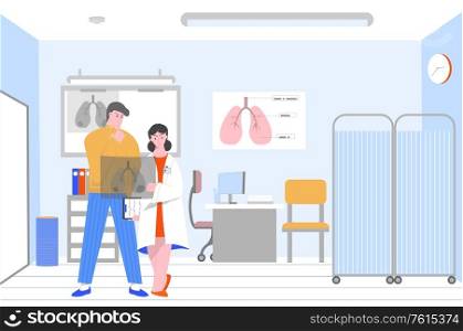 Smoking unhealthy lungs cancer flat composition with clinic scenery and doctor showing xray film to patient vector illustration