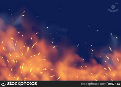 Smoky fire. Sparks of fiery heat, red hot coals, metal ignite smog isolated on black background, magic spooky vapor, cloud with frame, fog effect. Horizontal backdrop, vector realistic illustration. Smoky fire. Sparks of fiery heat, red hot coals, metal ignite smog isolated on black background, magic spooky vapor, cloud with frame. Horizontal backdrop, vector realistic illustration