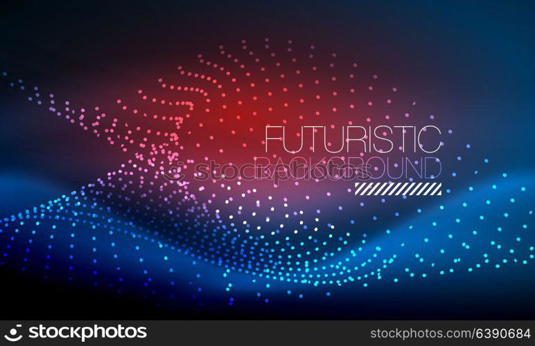 Smooth neon wave. Smooth smoke particle wave, big data techno background with glowing flowing elements, hi-tech concept