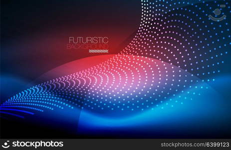 Smooth neon wave. Smooth smoke particle wave, big data techno background with glowing flowing elements, hi-tech concept