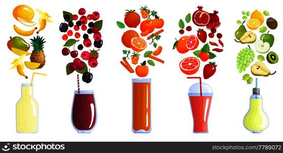 Smoothie colored isolated composition with five icon set and recipes of smoothie vector illustration. Smoothie Colored Composition