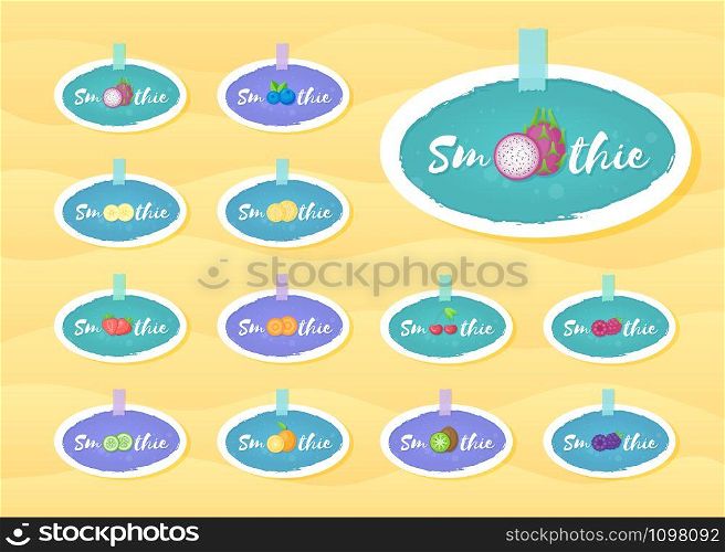 Smoothie fruit cocktail sticker set vector illustration. Fresh vegetarian smoothies drink label with hand drawn sign Smoothie with white frame for offer drawing sticker or store promotion art. Hand drawn smoothie fruit cocktail sticker set
