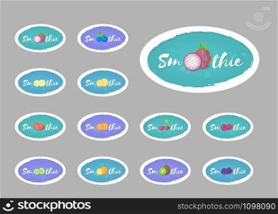 Smoothie label fruit logo set vector illustration. Natural fruit with Smoothie sign at isolated smoothies cocktail round sticker for decoration emblem, sale offer label or advertising graphic poster. Smoothie label fruit and berry logo set graphic