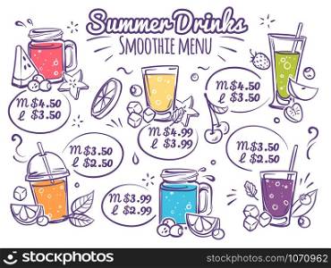 Smoothie menu. Fruit drinks, colorful organic cocktail juices with berries. Detox diet and healthy lemonade beverages with lettering for cafe menu vector brochure design. Smoothie menu. Fruit drinks, colorful organic cocktail juices with berries. Detox diet with lettering for cafe menu vector brochure design