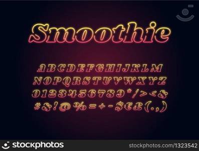 Smoothie neon light font template. Yellow illuminated vector alphabet set. Bright capital letters, numbers and symbols with outer glowing effect. Nightlife typography. Creative typeface design