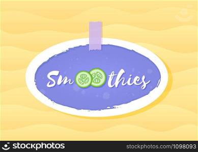 Smoothie vegetable cocktail sticker logo vector illustration. Fresh smoothies drink label with cucumber slice and sign Smoothie with hand drawn white frame for promo sticker or shop decoration design. Smoothie cucumber cocktail sticker logo vector