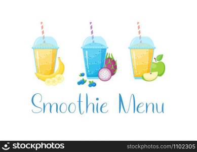 Smoothie vitamin drink set vector illustration. Fresh vegetarian smoothies drink with colorful layers in glass, raw fruit and sign Smoothie Menu isolated on white background for fitness landing page. Set of smoothie banner vitamin drink illustration