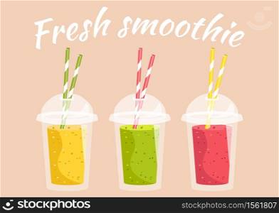 Smoothie with different flavours, take away. Healthy fresh juice fresh. Cartoon smoothie in a transparent plastic glass. Vector illustration. Cartoon smoothie in a transparent plastic glass. Vector illustration. Smoothie with different flavours, take away. Healthy fresh juice fresh.