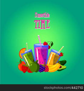 Smoothies time. Vector illustration with different smoothies and fruits. Banner wuth fruits juice. Smoothies time. Vector illustration with different smoothies and fruits