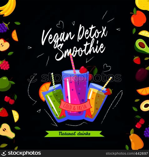 Smoothies time. Vector illustration with different smoothies and fruits on black background. Smoothie detox vegan, fresh and cold beverage. Smoothies time. Vector illustration with different smoothies and fruits on black background