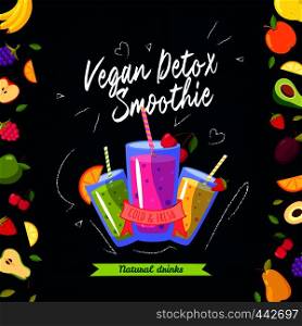 Smoothies time. Vector illustration with different smoothies and fruits on black background. Smoothie detox vegan, fresh and cold beverage. Smoothies time. Vector illustration with different smoothies and fruits on black background