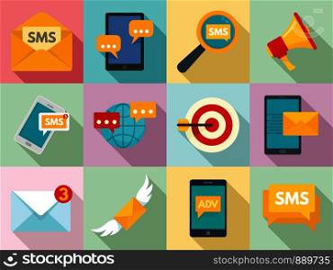 Sms marketing icons set. Flat set of sms marketing vector icons for web design. Sms marketing icons set, flat style