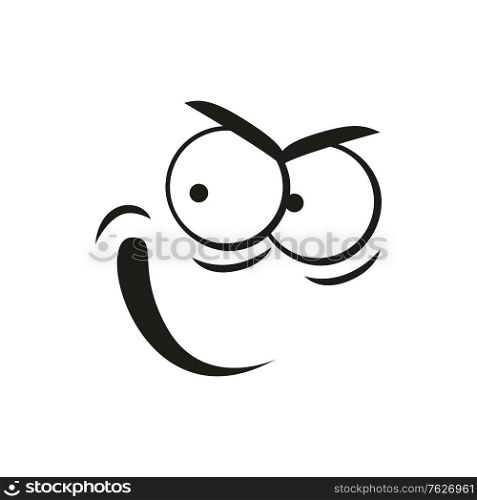 Smug smirk cunning emoticon expression isolated tricky face. Vector gruff emoji, line art. Angry emoticon isolated smug smirk cunning face