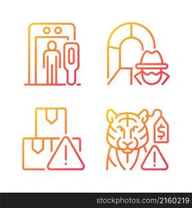 Smugglers activities prevention gradient linear vector icons set. Smuggling tunnel. Metal detector. Border security. Thin line contour symbols bundle. Isolated outline illustrations collection. Smugglers activities prevention gradient linear vector icons set
