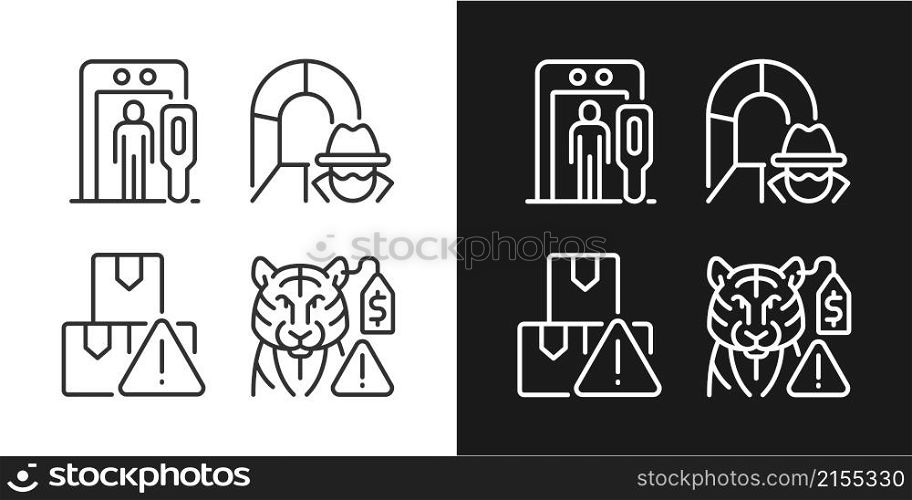 Smugglers activities prevention linear icons set for dark and light mode. Smuggling tunnel. Customizable thin line symbols. Isolated vector outline illustrations. Editable stroke. Pixel perfect. Smugglers activities prevention linear icons set for dark and light mode