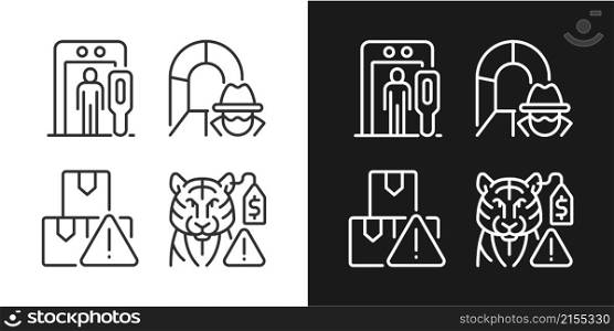 Smugglers activities prevention linear icons set for dark and light mode. Smuggling tunnel. Customizable thin line symbols. Isolated vector outline illustrations. Editable stroke. Pixel perfect. Smugglers activities prevention linear icons set for dark and light mode