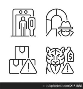 Smugglers activities prevention linear icons set. Smuggling tunnel. Border security. Customizable thin line contour symbols. Isolated vector outline illustrations. Editable stroke. Pixel perfect. Smugglers activities prevention linear icons set