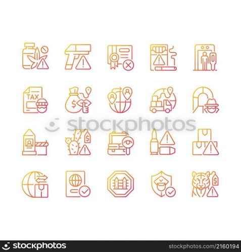 Smuggling gradient linear vector icons set. Illegal import and export. Illicit drugs trade. Thin line contour symbols bundle. Isolated outline illustrations collection. Quicksand-Light font used. Smuggling gradient linear vector icons set