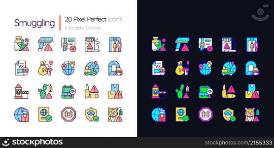 Smuggling light and dark theme RGB color icons set. Illegal import and export. Simple filled line drawings pack on white and black space. Editable stroke. Pixel perfect. Quicksand-Light font used. Smuggling light and dark theme RGB color icons set
