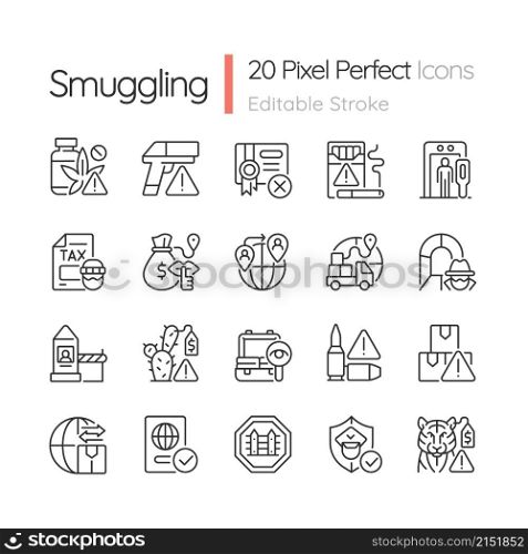 Smuggling linear icons set. Illegal import and export. Customizable thin line contour symbols. Isolated vector outline illustrations. Editable stroke. Pixel perfect. Quicksand-Light font used. Smuggling linear icons set