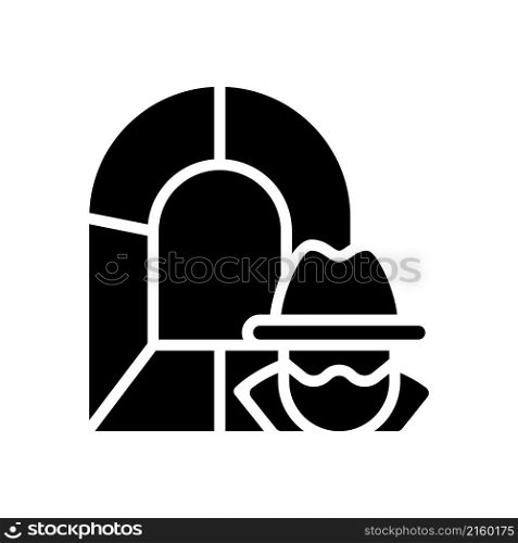 Smuggling tunnel black glyph icon. Secret passage. Underground country border trespassing. Illegal drugs trade. Criminal activity. Silhouette symbol on white space. Vector isolated illustration. Smuggling tunnel black glyph icon