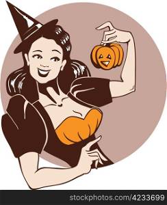Smyling girl in witch costume take a curved pumpkin. Vintage pin up style. Normal or plus size girl. 8 version file